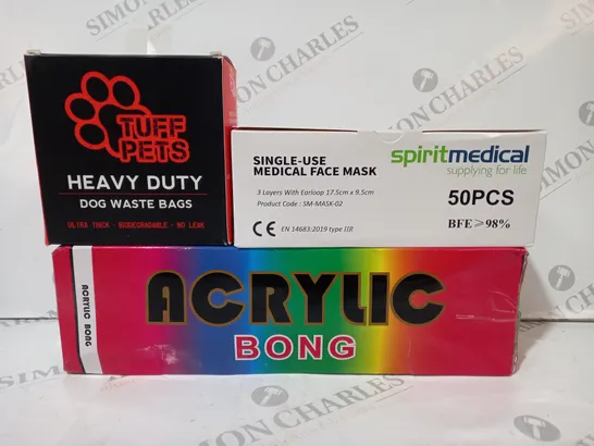 BOX OF APPROXIMATELY 20 ASSORTED HOUSEHOLD ITEMS TO INCLUDE ACRYLIC BONG, SINGLE-USE MEDICAL FACE MASKS, TUFF PETS HEAVY DUTY DOG WASTE BAGS, ETC