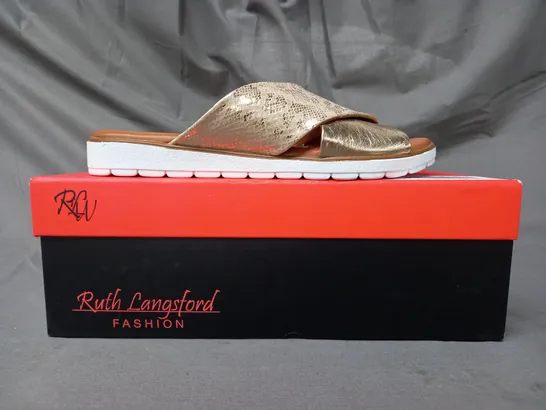 BOXED PAIR OF RUTH LANGSFORD FLAT SANDALS IN METALLIC CHAMPAGNE GOLD SIZE 5