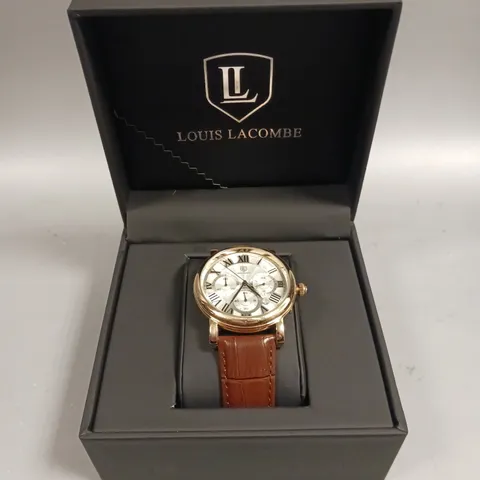MENS LOUIS LACOMBE CHRONOGRAPH WATCH – MULTI FUNCTION DIAL WITH DATE – ROMAN NUMERAL DIAL – LEATHER STRAP