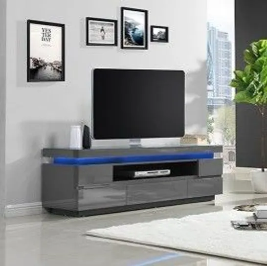 BRAND NEW BOXED ODESSA GREY HIGH GLOSS TV STAND WITH 5 DRAWERS AND LED LIGHTS 49×175×40CM (2 BOXES)