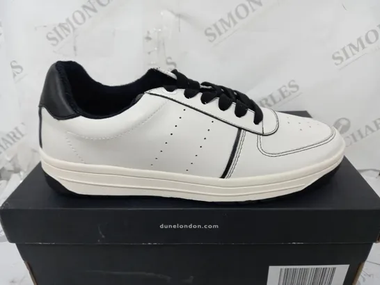 BOXED PAIR OF DUNE TRAINERS IN WHITE/BLACK UK SIZE 6