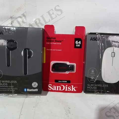 BOX OF APPROXIMATELY 15 ASSORTED ELECTRICAL ITEMS TO INCLUDE ASDA TECH SLIM WIRELESS MOUSE, SANDISK USB 2.0 FLASH DRIVE, ASDA TECH TRUE WIRELESS EARBUDS