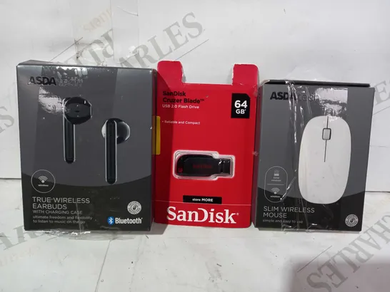 BOX OF APPROXIMATELY 15 ASSORTED ELECTRICAL ITEMS TO INCLUDE ASDA TECH SLIM WIRELESS MOUSE, SANDISK USB 2.0 FLASH DRIVE, ASDA TECH TRUE WIRELESS EARBUDS