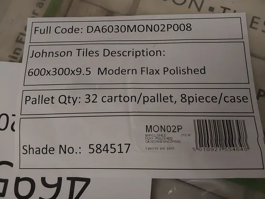 PALLET TO CONTAIN APPROX 32 X PACKS OF JOHNSON TILES MODERN FLAX POLISHED PORCELAIN FLOOR & WALL TILES - 8 TILES PER PACK // TILE SIZE: 600 X 300 X 9.5mm