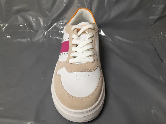 BOXED PAIR OF RIEKER REVOLUTION TRAINERS IN WHITE/PURPLE/SAND/ORANGE W. JEWEL EFFECT EU SIZE 41