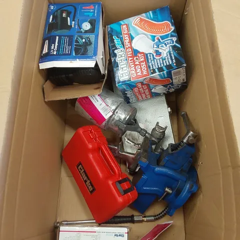 BOX OF ASSORTED TOOLS INCLUDING; SPRAY GUN, SOCKET SET, COMPRESSOR ETC