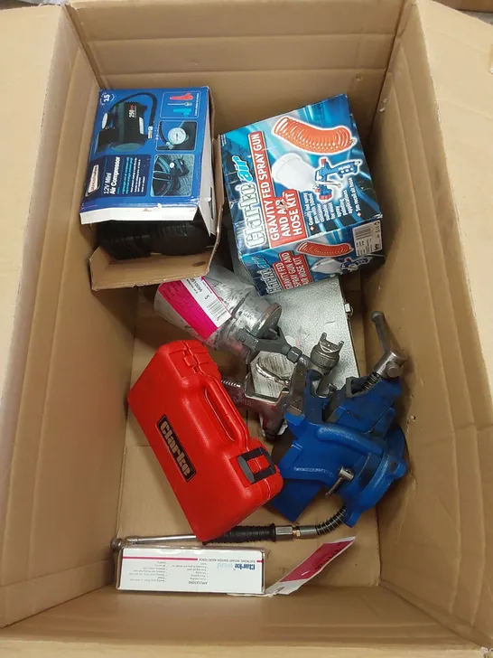 BOX OF ASSORTED TOOLS INCLUDING; SPRAY GUN, SOCKET SET, COMPRESSOR ETC