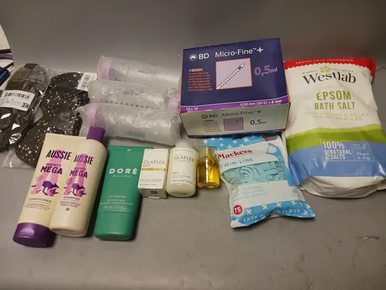 BOX OF APPROXIMATELY 15 COSMETIC ITEMS TO INCLUDE - EPSOM BATH SALT, BD MICRO-FINE, AND TWIN-LINE ETC. 