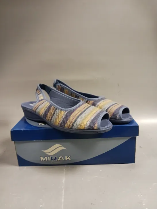 BOXED PAIR OF MIRAK CLASSIC CARLA OPEN TOE SHOES IN BLUE - SIZE 7