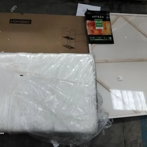 PALLET OF ASSORTED ITEMS INCLUDING HOMIDEC DESK, ARTEZA 36"×48" CANVASES, MEMORY FOAM PADS, GREENFOREST COMPUTER DESK