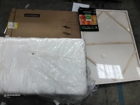 PALLET OF ASSORTED ITEMS INCLUDING HOMIDEC DESK, ARTEZA 36"×48" CANVASES, MEMORY FOAM PADS, GREENFOREST COMPUTER DESK