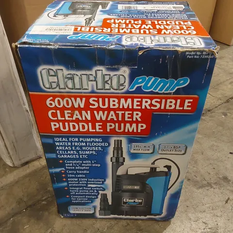 BOXED CLARKE 600W SUBMERSIBLE CLEAN WATER PUDDLE PUMP