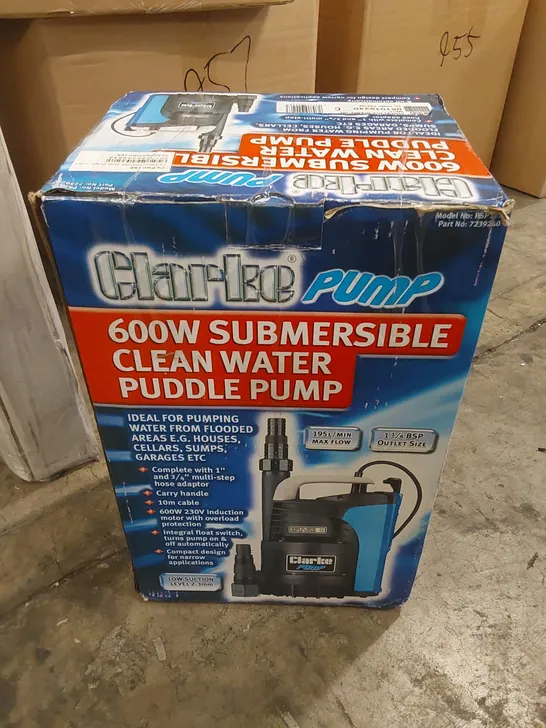 BOXED CLARKE 600W SUBMERSIBLE CLEAN WATER PUDDLE PUMP