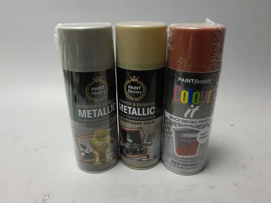 APPROXIMATELY 30 PAINTFACTORY COLOUR IT QUICK DRYING PRIMER, PAINTFACTORY INTERIOR & EXTERIOR METALLIC CHAMPAGNE GOLD PAINT, PAINTFACTORY INTERIOR & EXTERIOR METALLIC BRIGHT SILVER PAINT, ETC - COLLEC