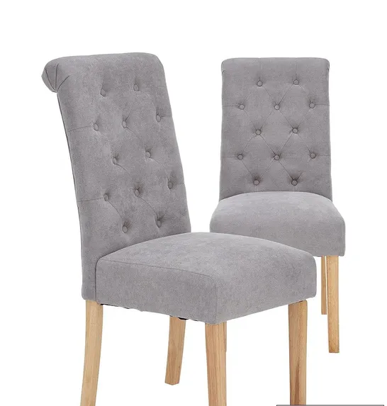 BOXED SET OF 2 FABRIC SCROLL BACK DINING CHAIRS - GREY/OAK EFFECT [COLLECTION ONLY] RRP £259