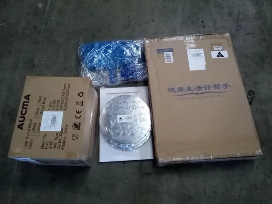 PALLET OF ASSORTED ITEMS INCLUDING WALKER WITH WHEELS, STAND MIXER, WHITE CAKE BOX & SILVER ROUND DRUMS, POOL CLEANING SET