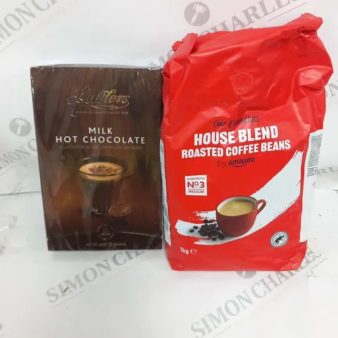TWO BAGS OF OUR ESSENTIALS HOUSE BLEND ROASTED COFFEE BEANS 1KG AND BUTLERS MILK HOT CHOCOLATE 240G