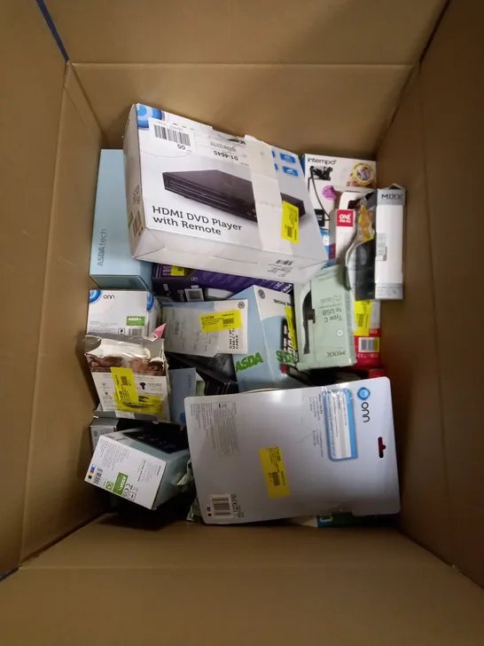 BOX OF ASSORTED ELECTRICAL ITEMS TOO INCLUDE DVD PLAYERS , EARPHONES AND TV REMOTES 