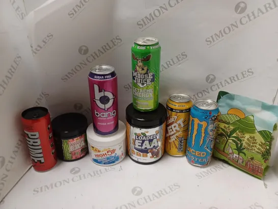 LOT OF APPROXMATELY 9 ITEMS TO INCLUDE PRIME ENERGY TROPICAL PUNCH, CNP LOADED EAA POWDER (300g), HIGH 5 SPORTS NUTRITION ISOTONIC HYDRATION ( 10 SERVINGS), ETC