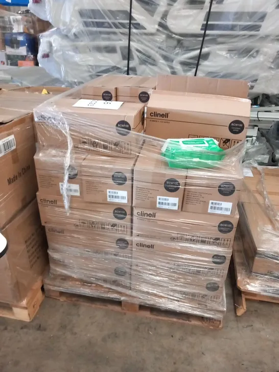 PALLET OF APPROXMATELY 46 BOXES OF CLINELL UNIVERSAL WIPES 6 PACKS PER BOX, 100 WIPES PER PACK