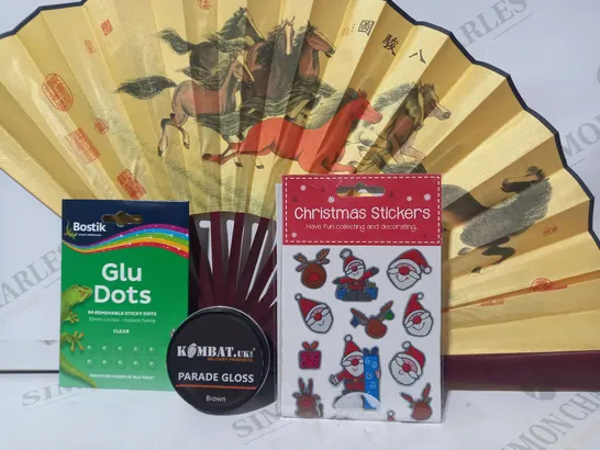 LOT OF APPROXIMATELY 10 ASSORTED HOUSEHOLD ITEMS TO INCLUDE JAPANESE STYLE FAN, CHRISTMAS STICKERS, GLU DOTS, ETC