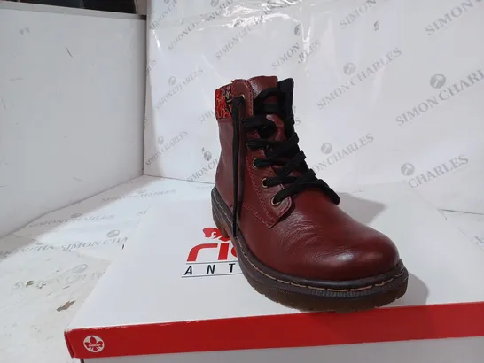 BOXED PAIR OF RIEKER LACE UP BOOTS WITH INTEREST COLLAR IN RED UK SIZE 5