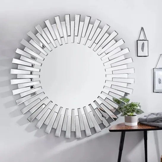 BOXED BARSTON SUNBURST GLASS FRAMED WALL MOUNTED ACCENT HALLWAY HOLLYWOOD ROUND MIRROR (1 BOX)