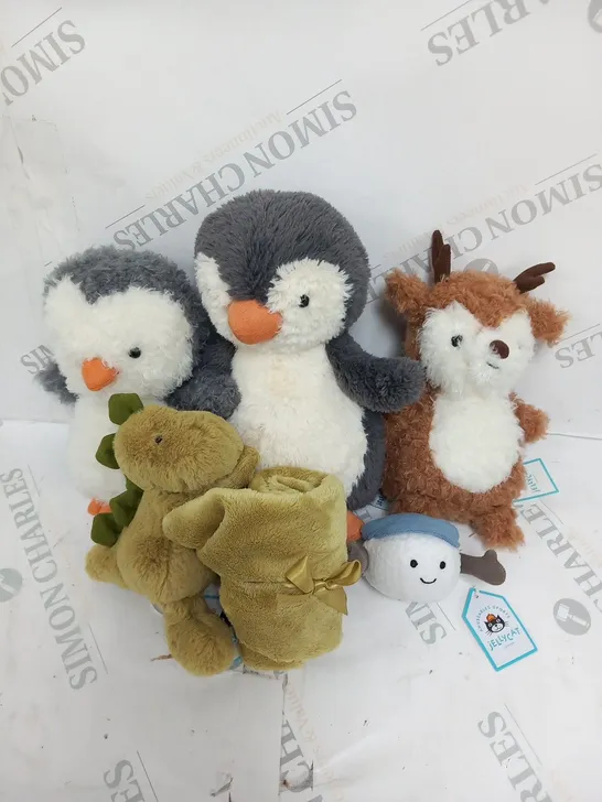 FIVE ASSORTED JELLY CAT SOFT TOYS INCLUDE; SPORTS GOLF BALL, LITTLE REINDEER, DINO SOOTHER, PEANUT PENGUIN AND LITTLE PENGUIN