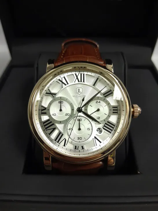 BOXED LOUIS LACOMBE CHRONOGRAPH DIAL WITH DATE & BROWN STRAP