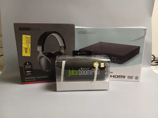 APPROXIMATELY 20 ASSORTED TECH PRODUCTS TO INCLUDE GAMING HEADSET, JUICE BOOM PRO BLUETOOTH SPEAKER, DVD PLAYER 