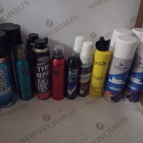 BOX OF HOUSEHOLD ITEMS TO INCLUDE GOT2B GLUED , HEAVY DUTY SPRAY ADHESIVE , ETC