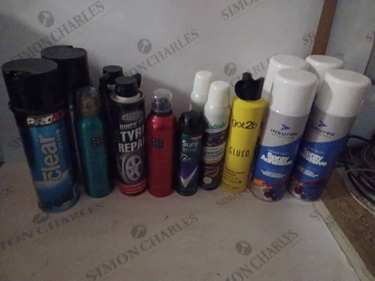 BOX OF HOUSEHOLD ITEMS TO INCLUDE GOT2B GLUED , HEAVY DUTY SPRAY ADHESIVE , ETC