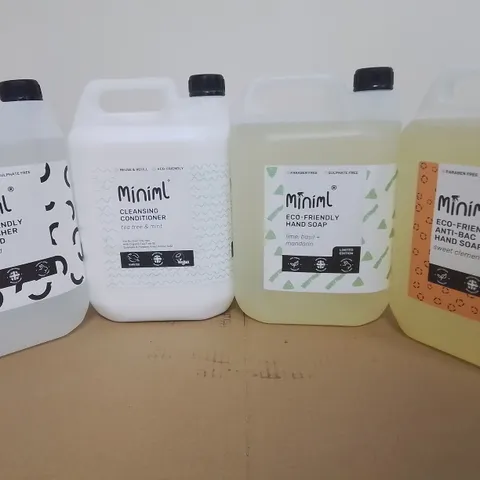 LOT OF 4 5L MINIML HOME CLEANING LIQUIDS TO INCLUDE HAND SOAP AND DISHWASHER AID