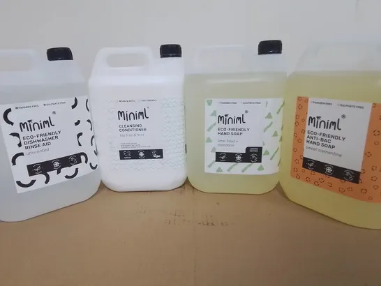 LOT OF 4 5L MINIML HOME CLEANING LIQUIDS TO INCLUDE HAND SOAP AND DISHWASHER AID