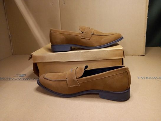 BOXED PAIR OF BOOHOO MAN TAN FAUX SUEDE LOAFER - SIZE 9