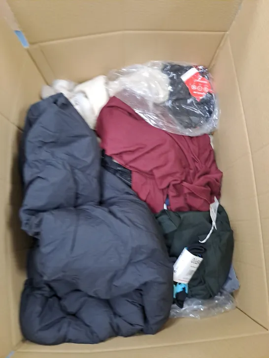 BOX OF ASSORTED CLOTHING ITEMS TO INCLUDE SWEATER, BELTS, BODY SUIT ETC 