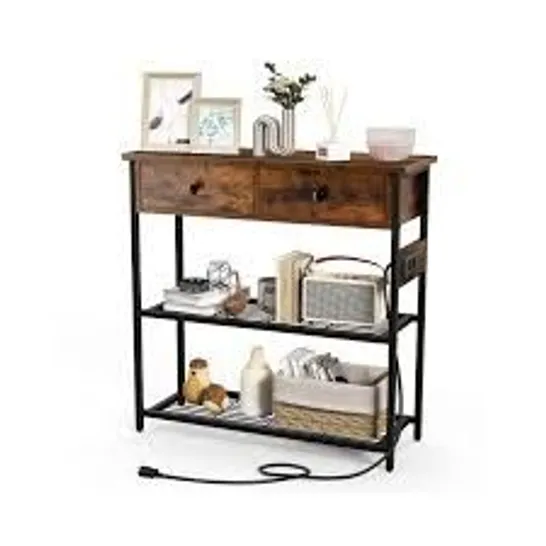 BOXED COSTWAY ENTRYWAY NARROW CONSOLE TABLE WITH CHARGING STATION - RUSTIC BROWN