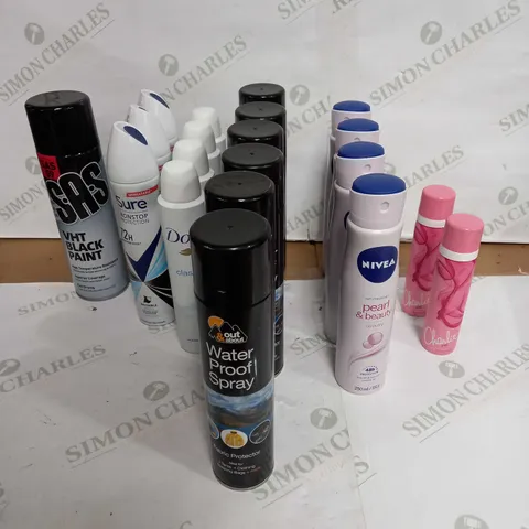 LOT OF APPROX 20 ASSORTED AEROSOLS TO INCLUDE WATERPROOFING, BODY SPRAY, PAINT ETC