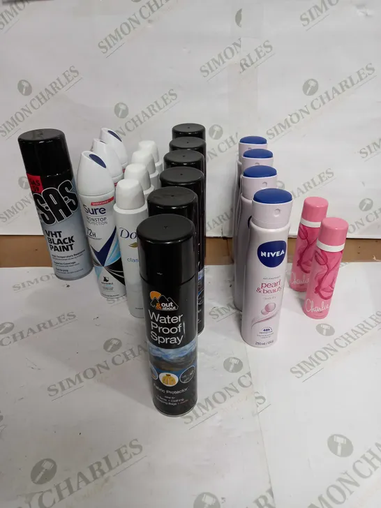 LOT OF APPROX 20 ASSORTED AEROSOLS TO INCLUDE WATERPROOFING, BODY SPRAY, PAINT ETC