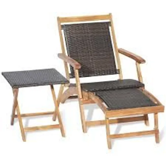 BOXED COSTWAY PATIO RATTAN FOLDING LOUNGE CHAIR WITH ACACIA WOOD TABLE