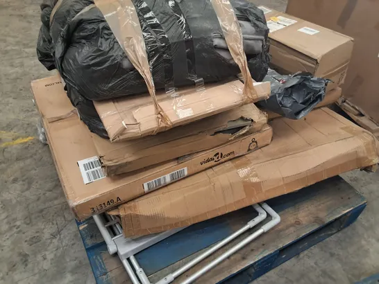 PALLET OF ASSORTED ITEMS TO INCLUDE FLAT PACK FURNITURE PARTS AND ELECTRIC CLOTHES AIRER 