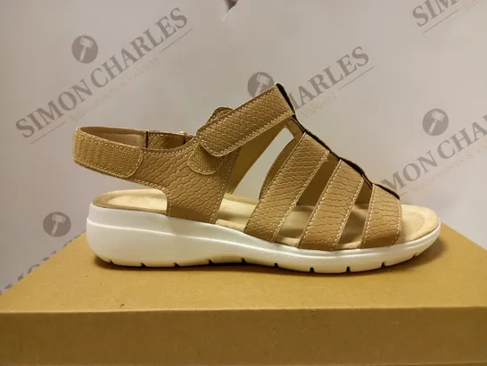 BOXED PAIR OF CUSHION WALK STRAPPY TAN SANDALS - SIZE 4