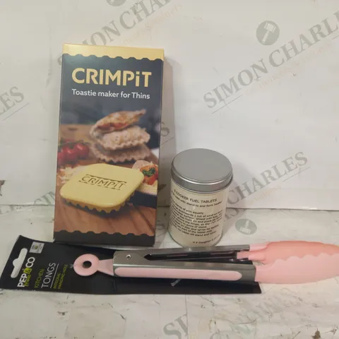 LOT OF APPROXIMATELY 10 ASSORTED HOUSEHOLD ITEMS TO INCLUDE CRIMPIT TOASTIE MAKER FOR THINS, COOKER FUEL TABLETS, KITCHEN TONGS, ETC