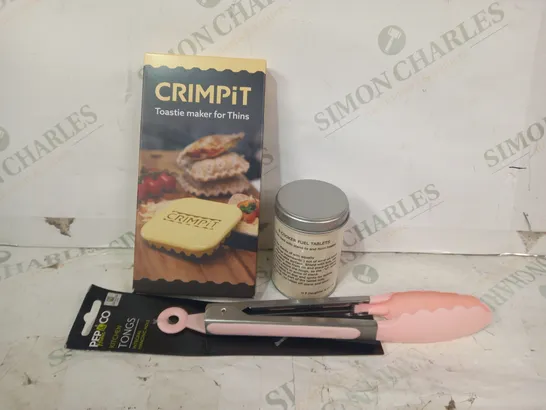 LOT OF APPROXIMATELY 10 ASSORTED HOUSEHOLD ITEMS TO INCLUDE CRIMPIT TOASTIE MAKER FOR THINS, COOKER FUEL TABLETS, KITCHEN TONGS, ETC