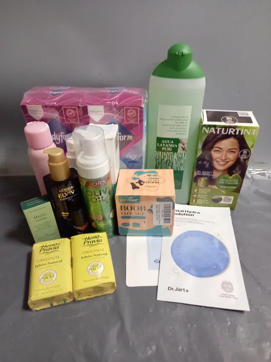 APPROXIMATELY 20 ASSORTED COSMETIC PRODUCTS TO INCLUDE - NATURTINT LIGHT CHESNUT BROWN PERMANENT HAIR COLOUR - PURVIGOR BOOB TAPE SET - OESTROGEL PUMP PACK 750 MICROGRAMS TRANSDERMAL GEL - ETC 