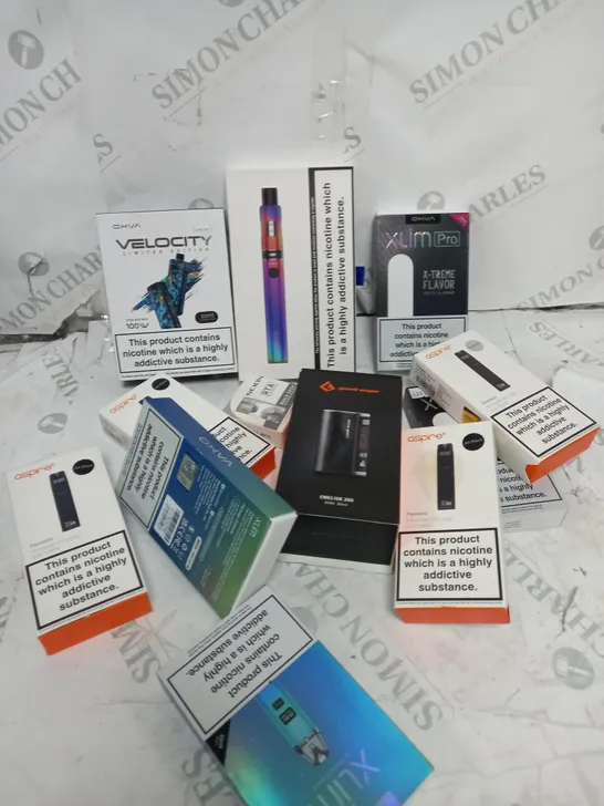 BOX OF APPROXIMATELY 10 ASSORTED E-CIG PRODUCTS TO INCLUDE ASPIRE, OXVA, ENDURA ETC