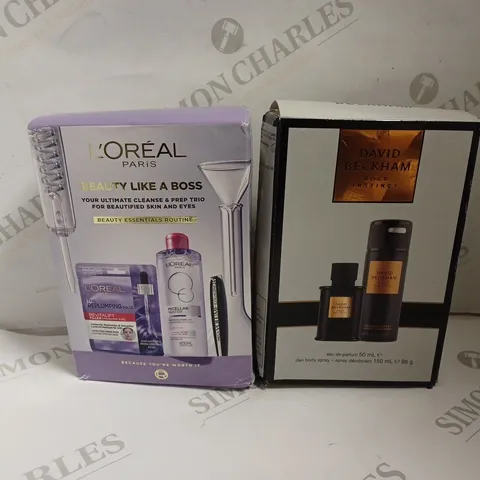 FOUR ASSORTED HEALTH AND BEAUTY GIFT SETS TO INCLUDE DAVID BECKHAM BOLD INSTINCT AND LOREAL BEAUTY LIKE A BOSS