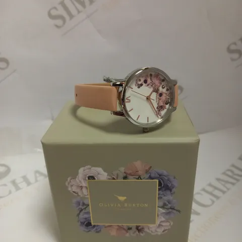 OLIVIA BURTON GARDEN FLORAL PEACH LEATHER STRAPPED LADIES WATCH 