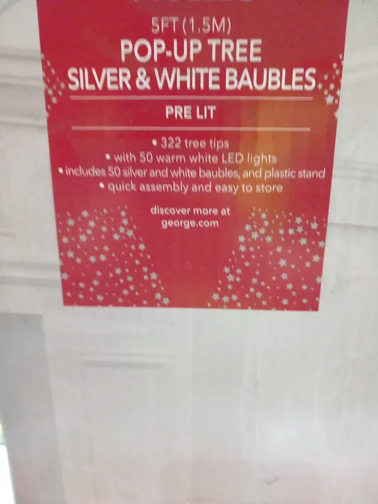 4 BRAND NEW BOXED 5FT POP UP TREE SILVER AND WHITE BAUBLES PRE LIT