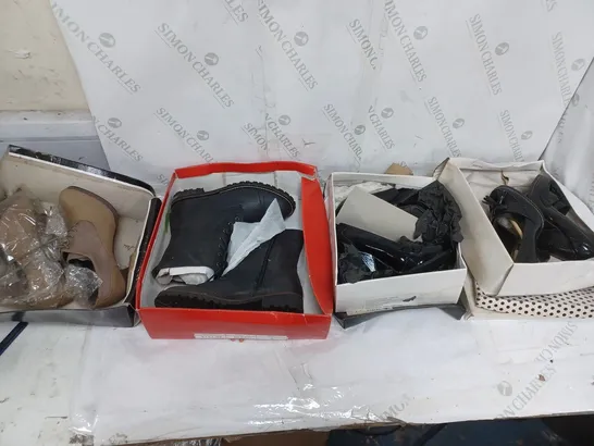 LARGE BOX OF APPROXIMATELY 10 ASSORTED BOXED AND UNBOXED SHOES TO INCLUDE BOOTS AND HEELS ETC.